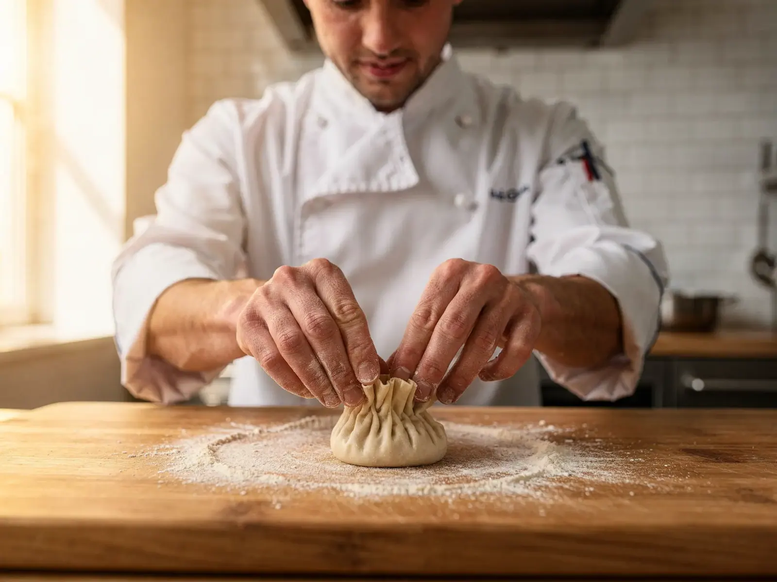 A chef pleating a dumpling